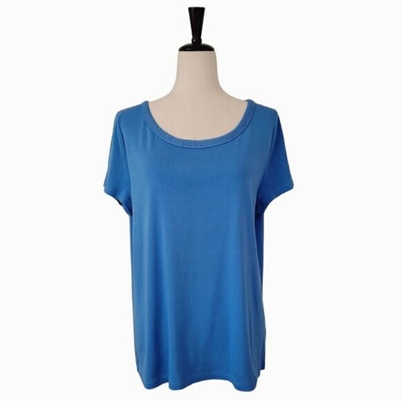 Talbots Blue Scoop Neck Crochet Detail Short Sleeve T-shirt Size XL - Picture 1 of 5